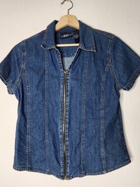 Vintage Bill Blass Womens Medium Denim Zip Short Sleeve Vest Jacket